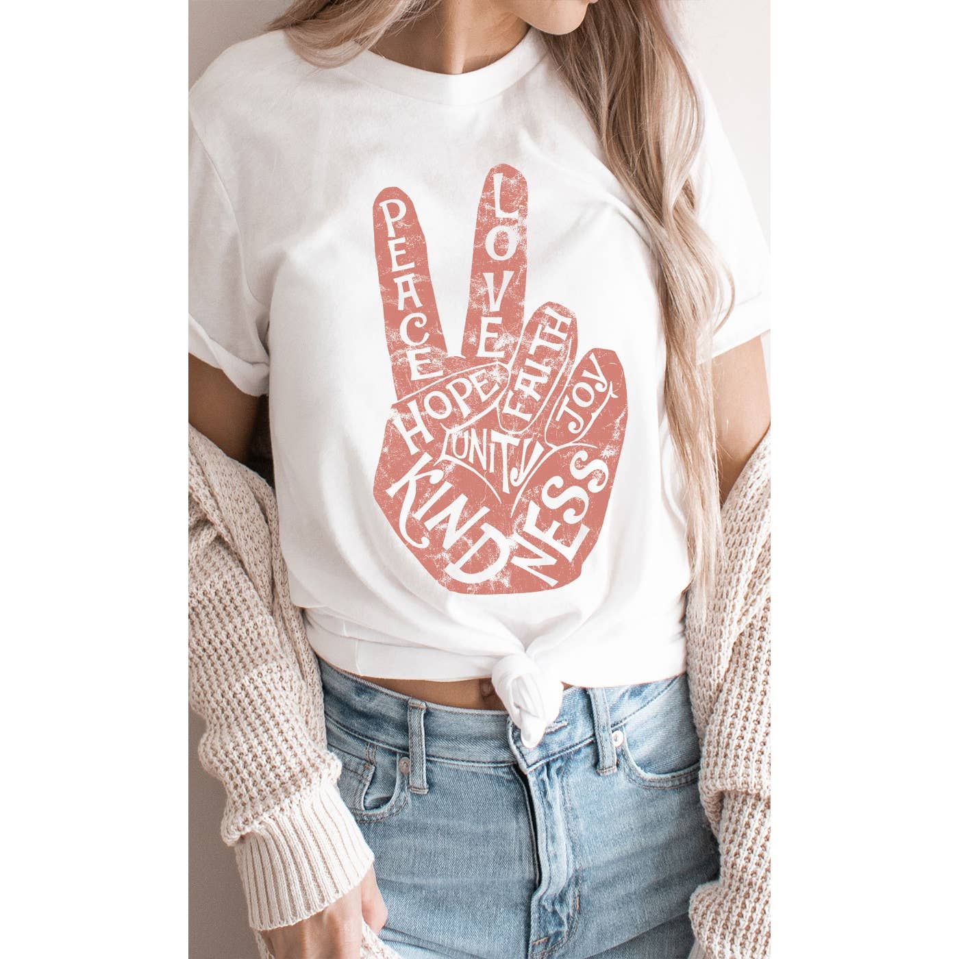 Retro Peace Love and Kindness Graphic Tee: WHITE / XL