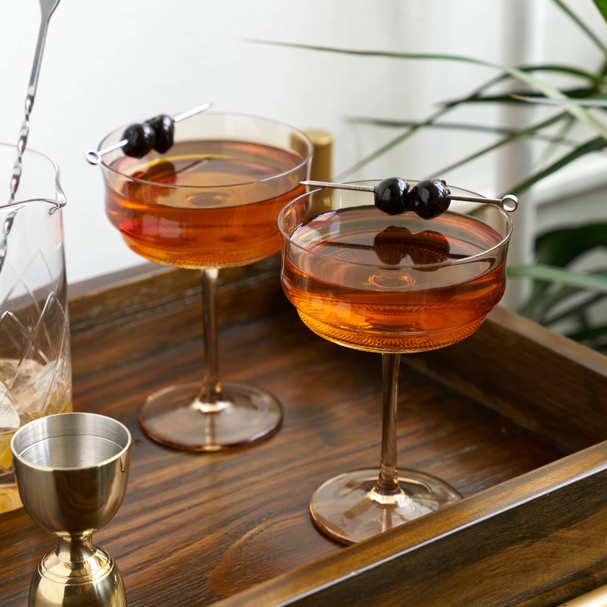 Tulip Amber-Tinted Glass Stemmed Cocktail Coupes - Set of 2